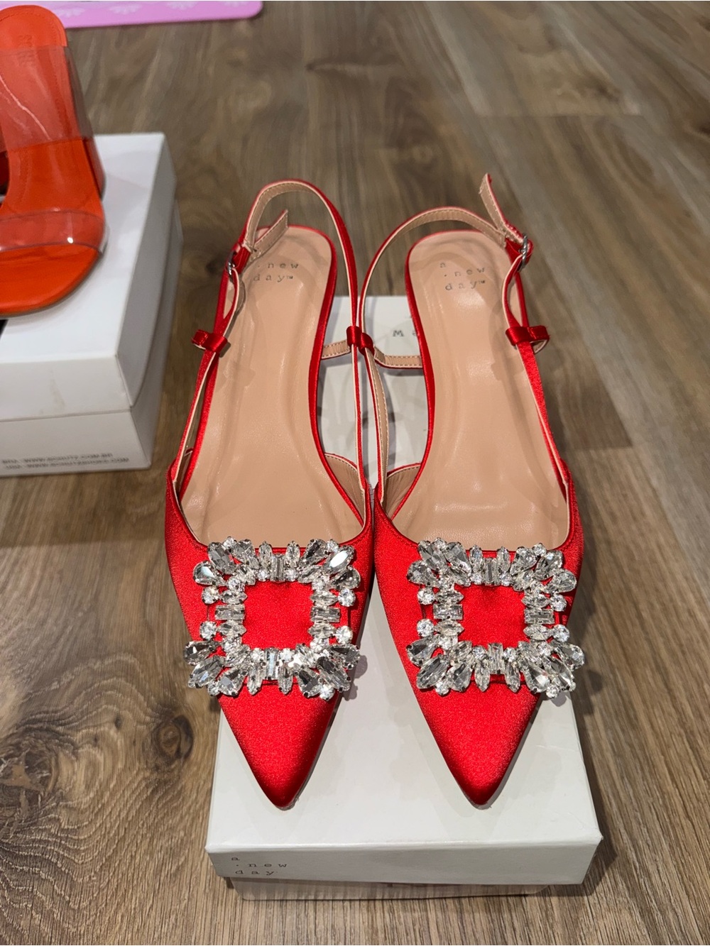 Red Embellished Pointed Slingback Flats - Women